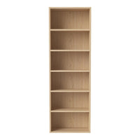 Light wood bookshelf with natural grain pattern, featuring six open shelves for versatile storage and display.