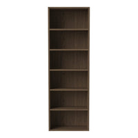 Tall wooden bookshelf in a rich walnut finish with a smooth, uniform texture and clean lines. Perfect for any space.