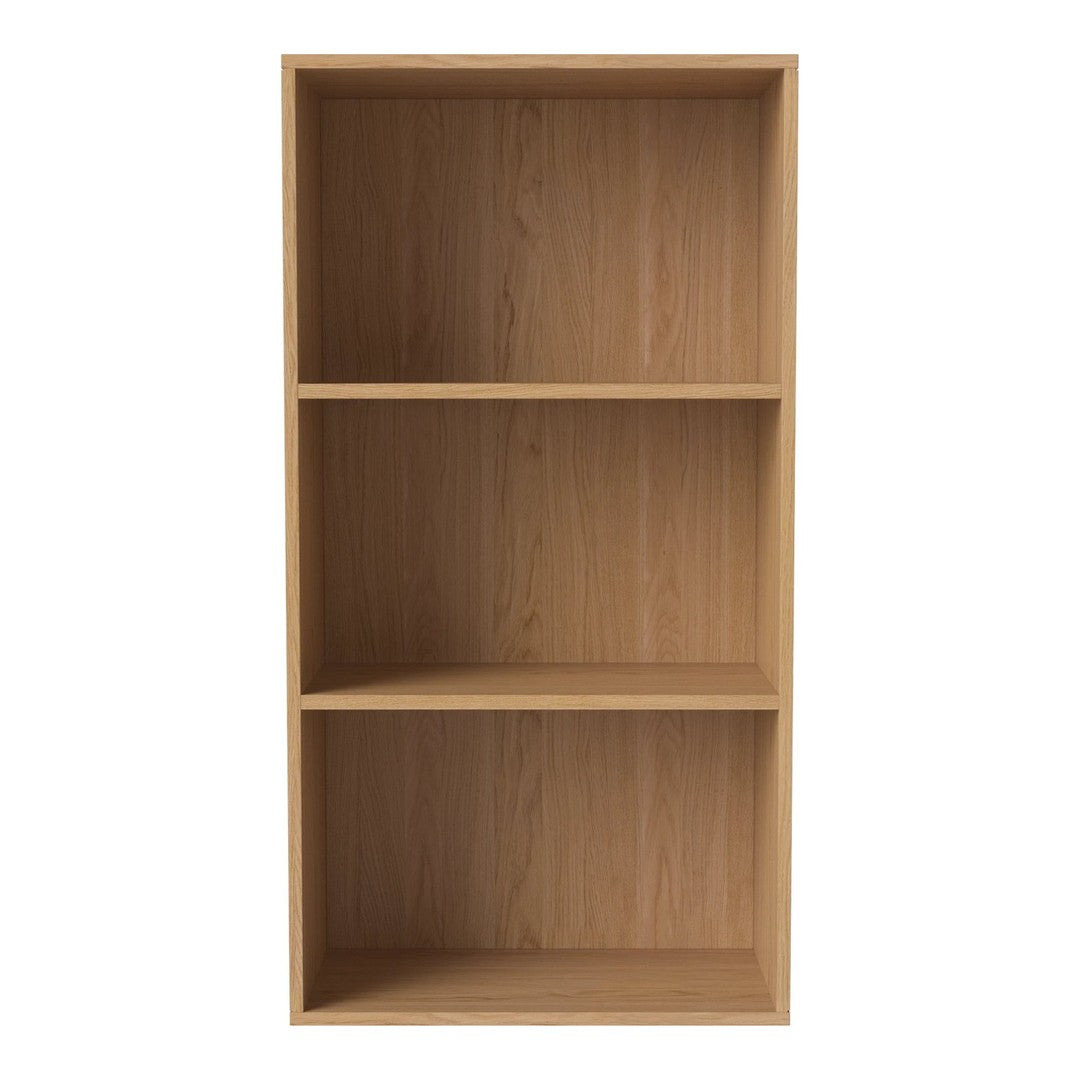 Light wood bookshelf with a natural finish, featuring a clean, minimalist design and three open compartments.