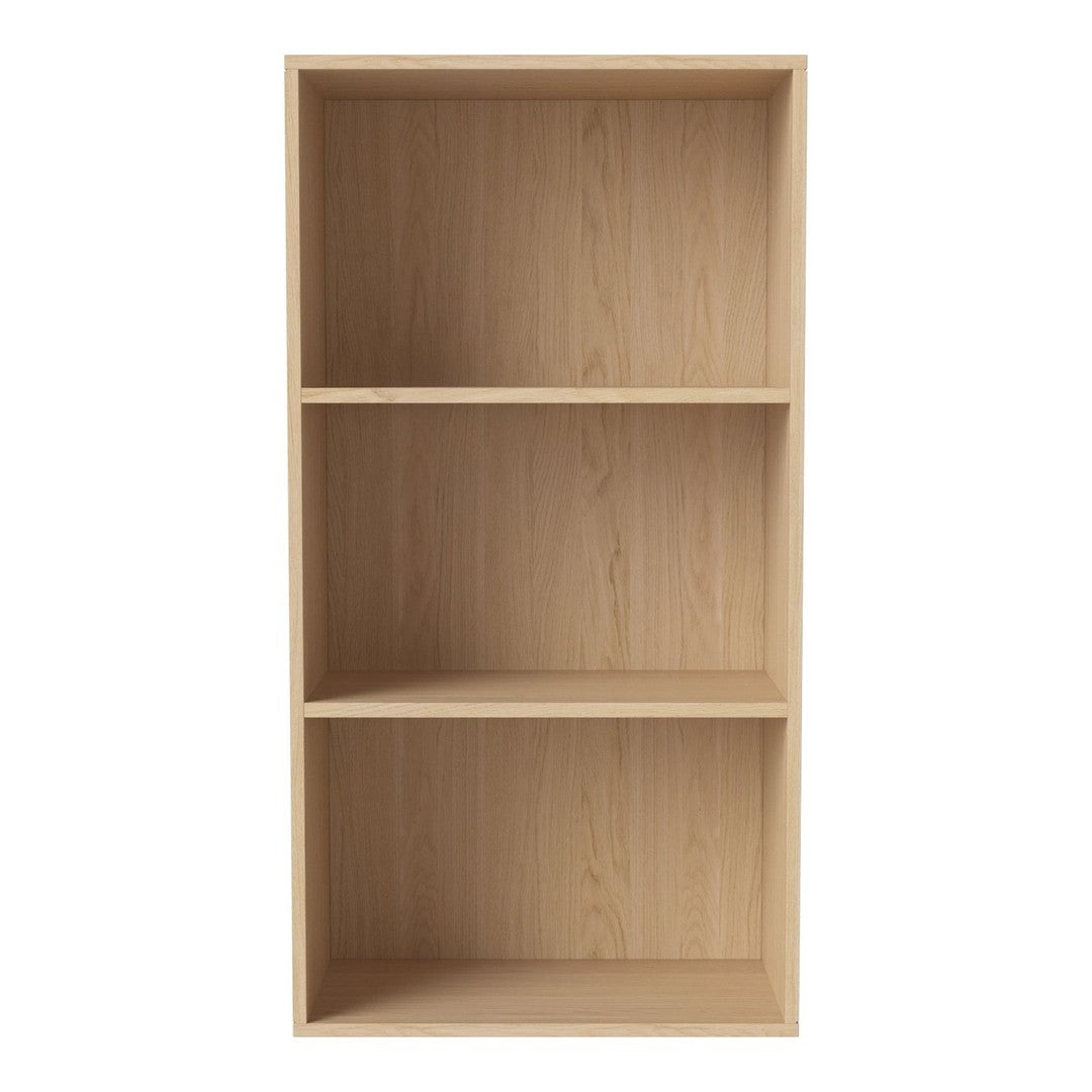 Natural wood grain bookshelf in light oak finish with three open shelves. Modern minimalist design.