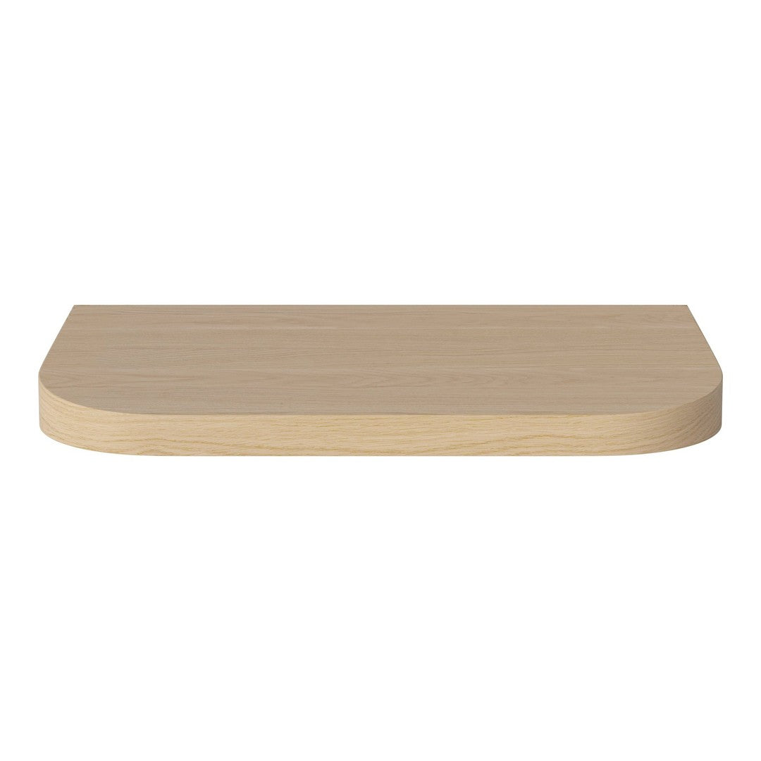 Light oak wood shelf with a smooth, curved edge and natural grain pattern. Neutral colors for versatile decor.