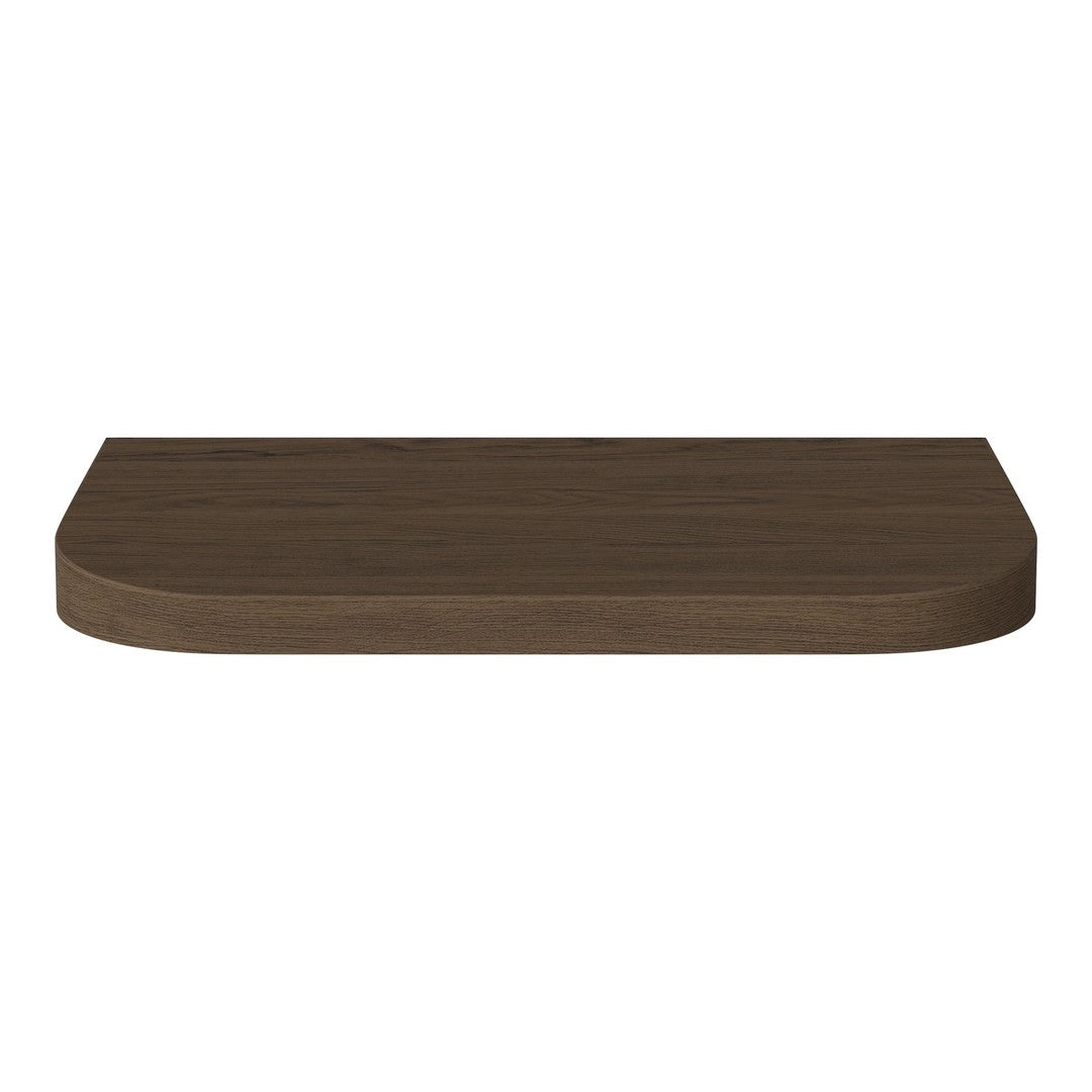 Dark brown wooden shelf with smooth, curved edges, showcasing a sleek, minimalist design.