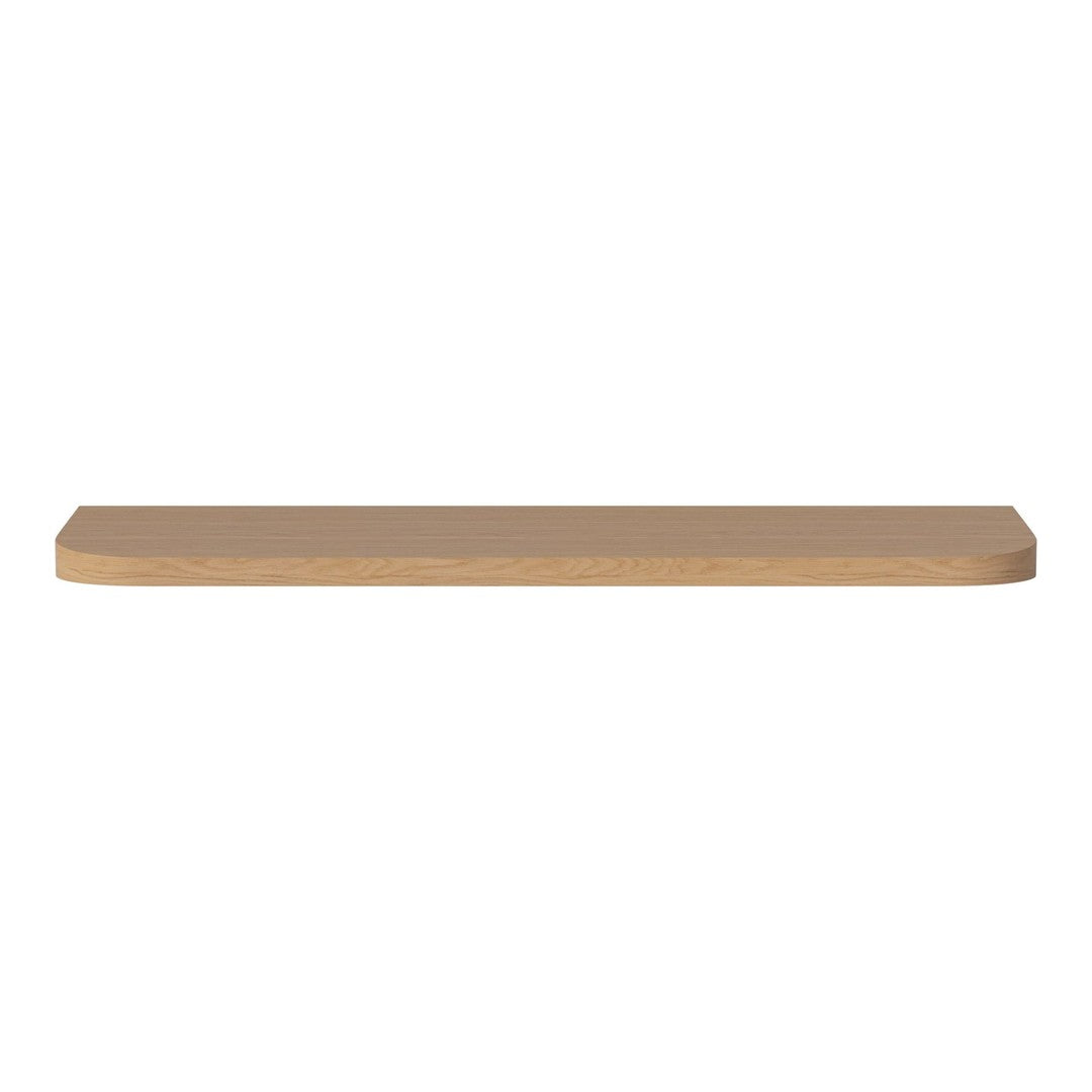 Light oak wood shelf with a smooth finish and rounded edges, showcasing a natural wood grain pattern.