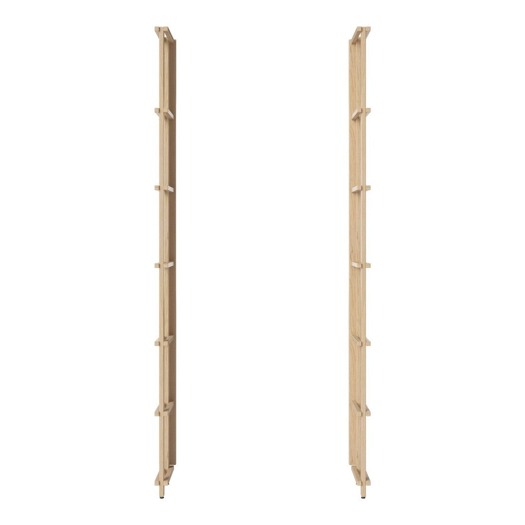 Light natural wood vertical storage racks with simple design and evenly spaced pegs.