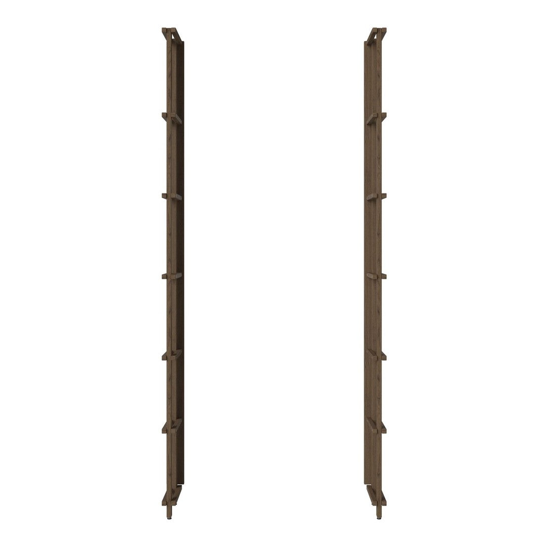 Brown vertical storage racks with six adjustable shelves and a sleek, minimalist design. Perfect for organization.