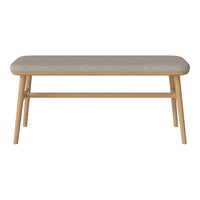 Light gray upholstered bench with natural wood legs, featuring a smooth, minimalist design. Ideal for modern decor.