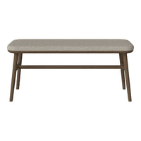 Light beige upholstered bench with a natural wood frame, featuring a simple, modern design. Perfect for any decor.