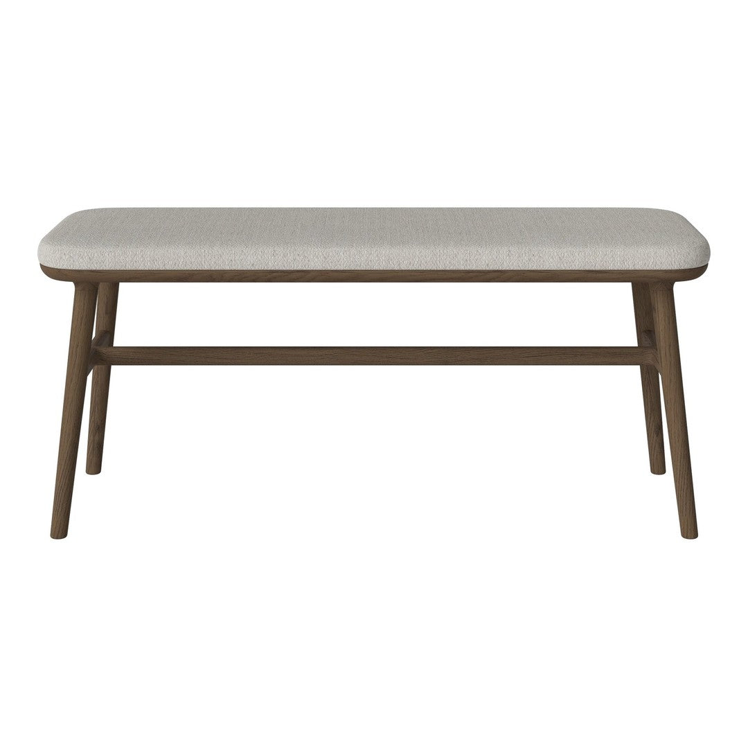 Beige upholstered bench with a textured pattern and brown wooden legs. Modern, minimalist design for any space.