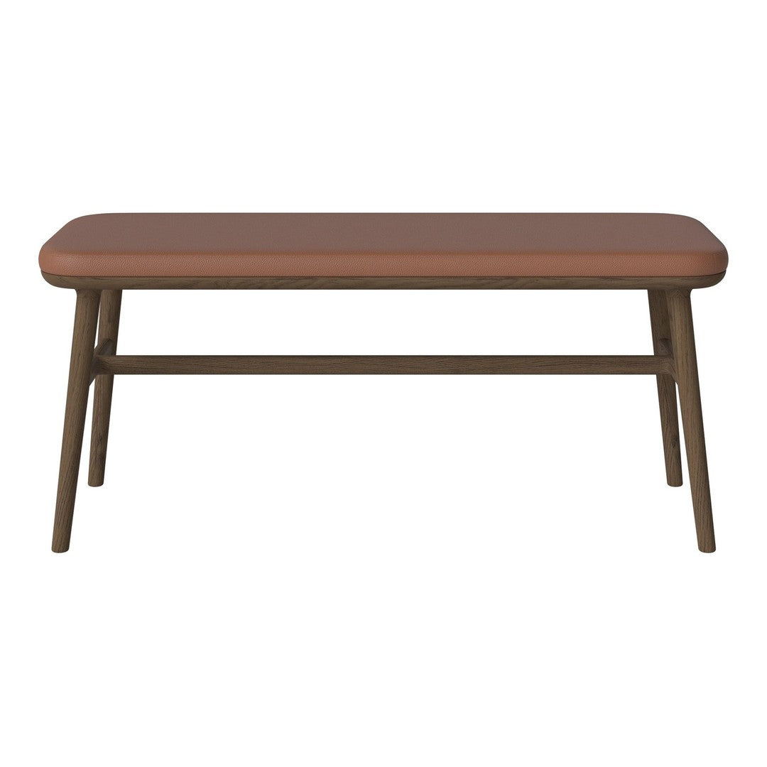 Brown upholstered rectangular coffee table with a sleek, minimalist design and light wooden legs.