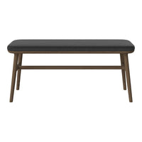 Black upholstered bench with a sleek, smooth surface and a warm wooden frame. Modern and elegant design.