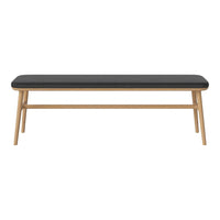 Black upholstered bench with wooden legs, featuring a smooth, minimalist design and a neutral color palette.