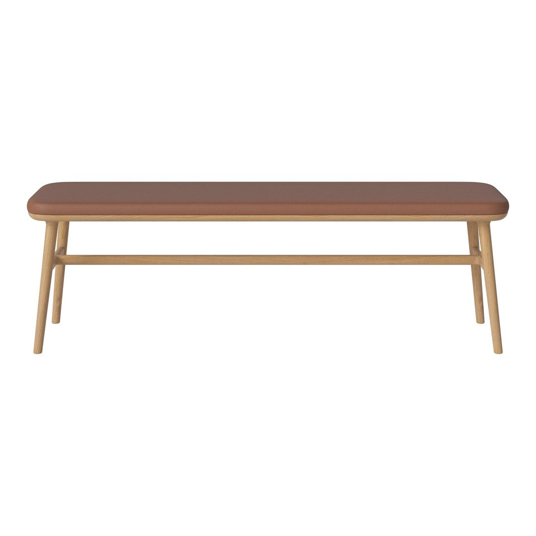 Wooden bench with a smooth brown top and light wood legs, featuring a minimalist design and sleek shape.