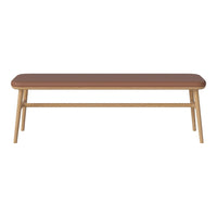 Wooden bench with a smooth brown top and light wood legs, featuring a minimalist design and sleek shape.