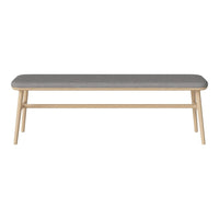 Grey upholstered bench with natural wood legs, featuring a sleek, minimalist design and no visible patterns.