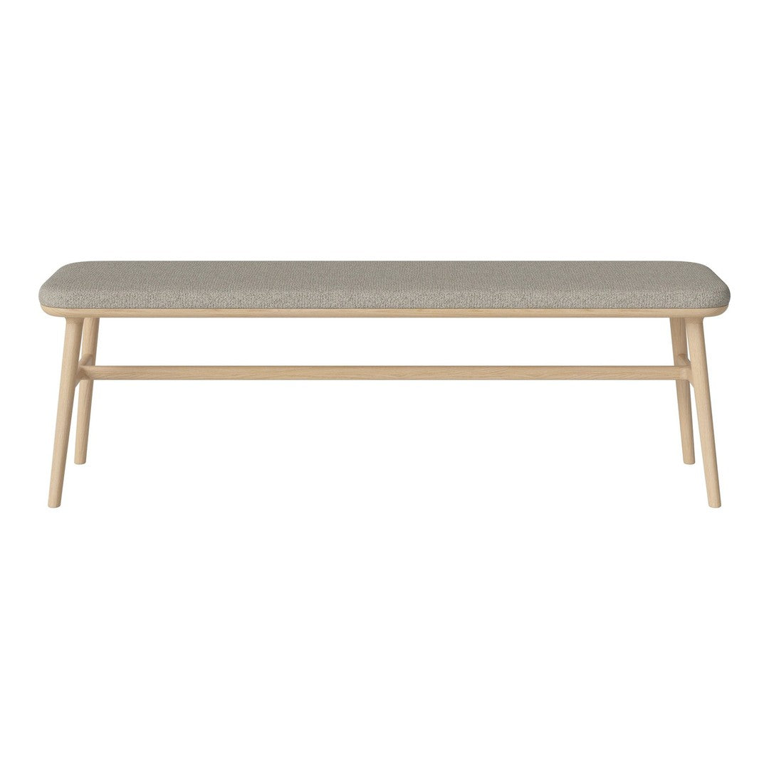 Light grey upholstered bench with a natural wood frame and minimalistic design. Perfect for modern decor.