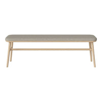 Light grey upholstered bench with a natural wood frame and minimalistic design. Perfect for modern decor.