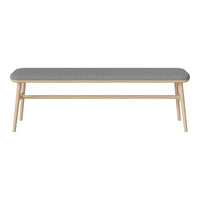 Light wood bench with a gray upholstered top, featuring a simple and modern design. Suitable for various decor styles.