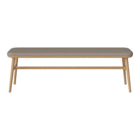 Neutral gray upholstered bench with a light wood frame, featuring clean lines and a simple design. Perfect for any space.
