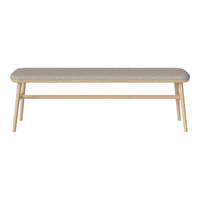 Light beige upholstered bench with a smooth surface and natural wood legs, ideal for modern decor.