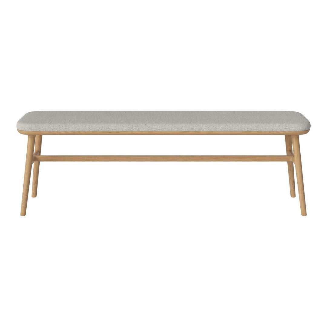Light gray upholstered bench with natural wood legs, featuring a simple, modern design and subtle textures.