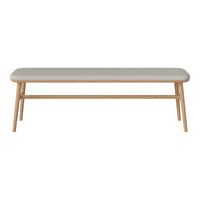 Light gray upholstered bench with natural wood legs, featuring a simple, modern design and subtle textures.