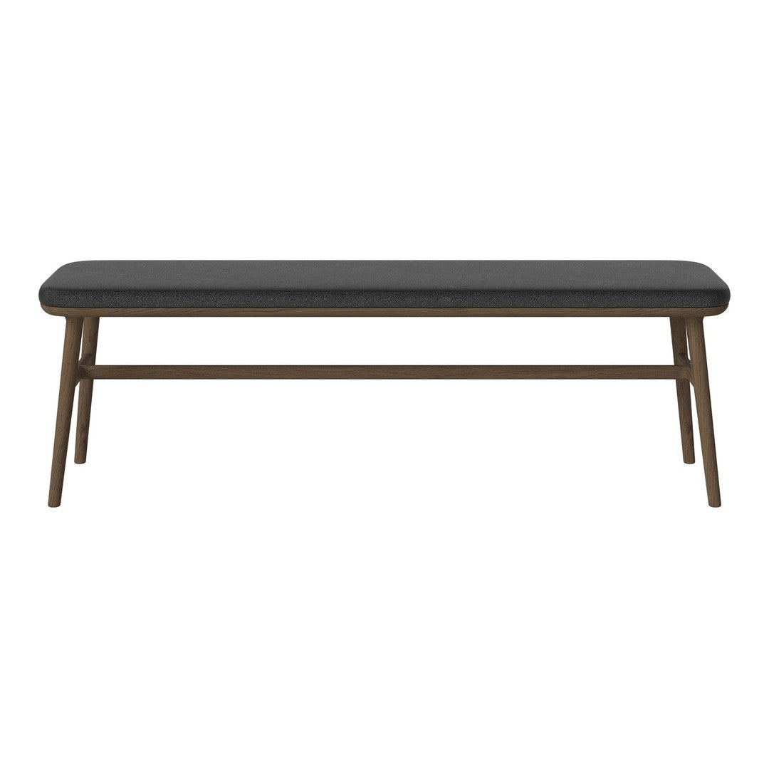 Black upholstered bench with a sleek, minimalist design and a warm wood base. Perfect for modern interiors.