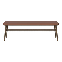 Brown wooden bench with a smooth, rectangular surface and slender, angled legs. Minimalist design, no patterns.