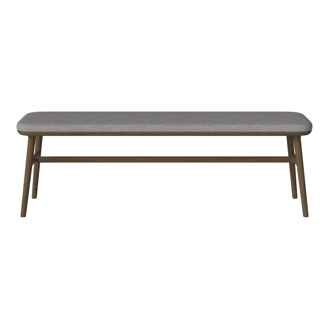 Gray upholstered bench with a simple pattern, set on a light wood frame. Modern and stylish design for any space.