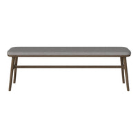 Gray upholstered bench with a simple pattern, set on a light wood frame. Modern and stylish design for any space.