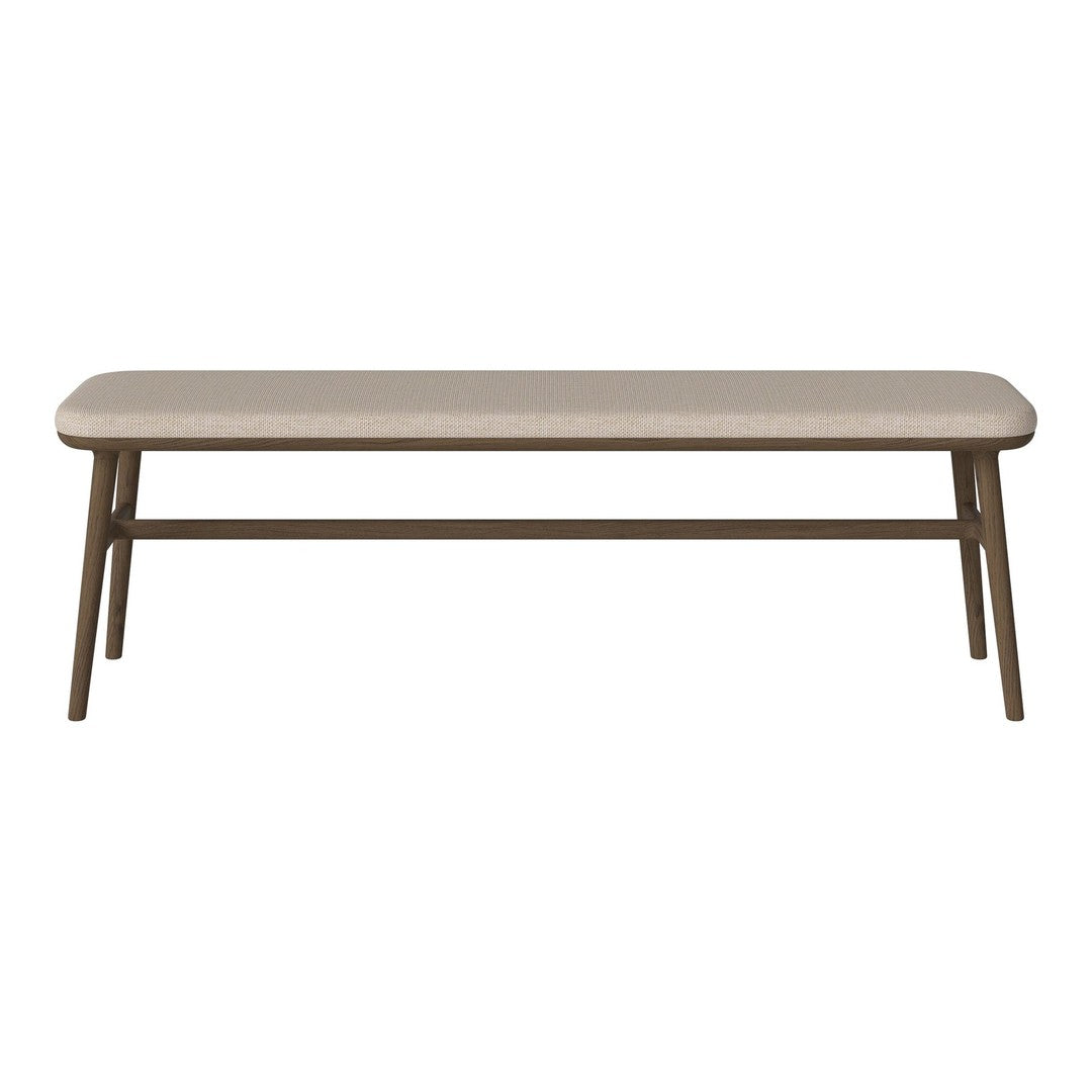 Light beige bench with a smooth surface and natural wood legs, featuring a minimalist design. Perfect for modern decor.