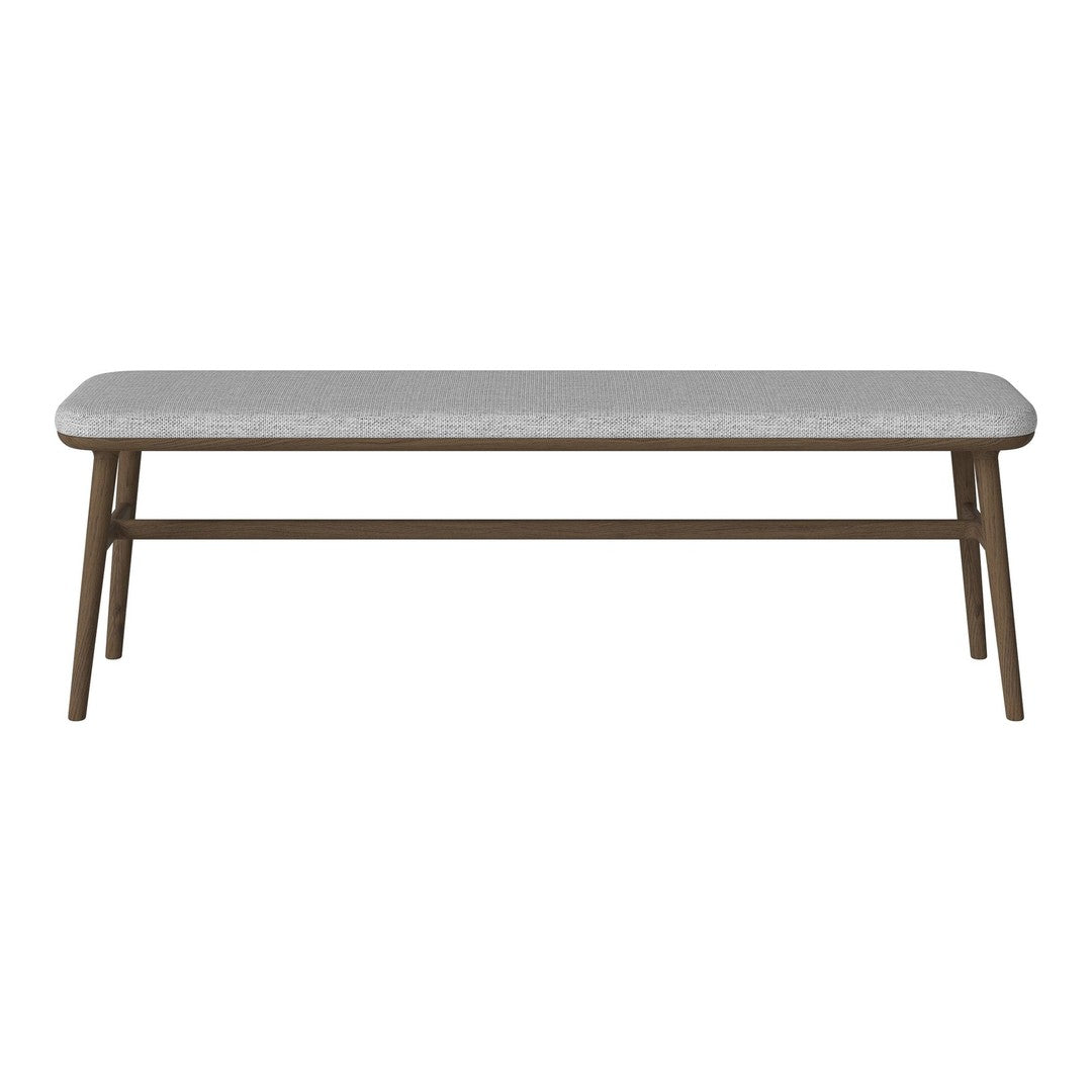 Gray upholstered bench with a sleek wood frame, featuring a minimalist design and subtle texture. Ideal for modern spaces.