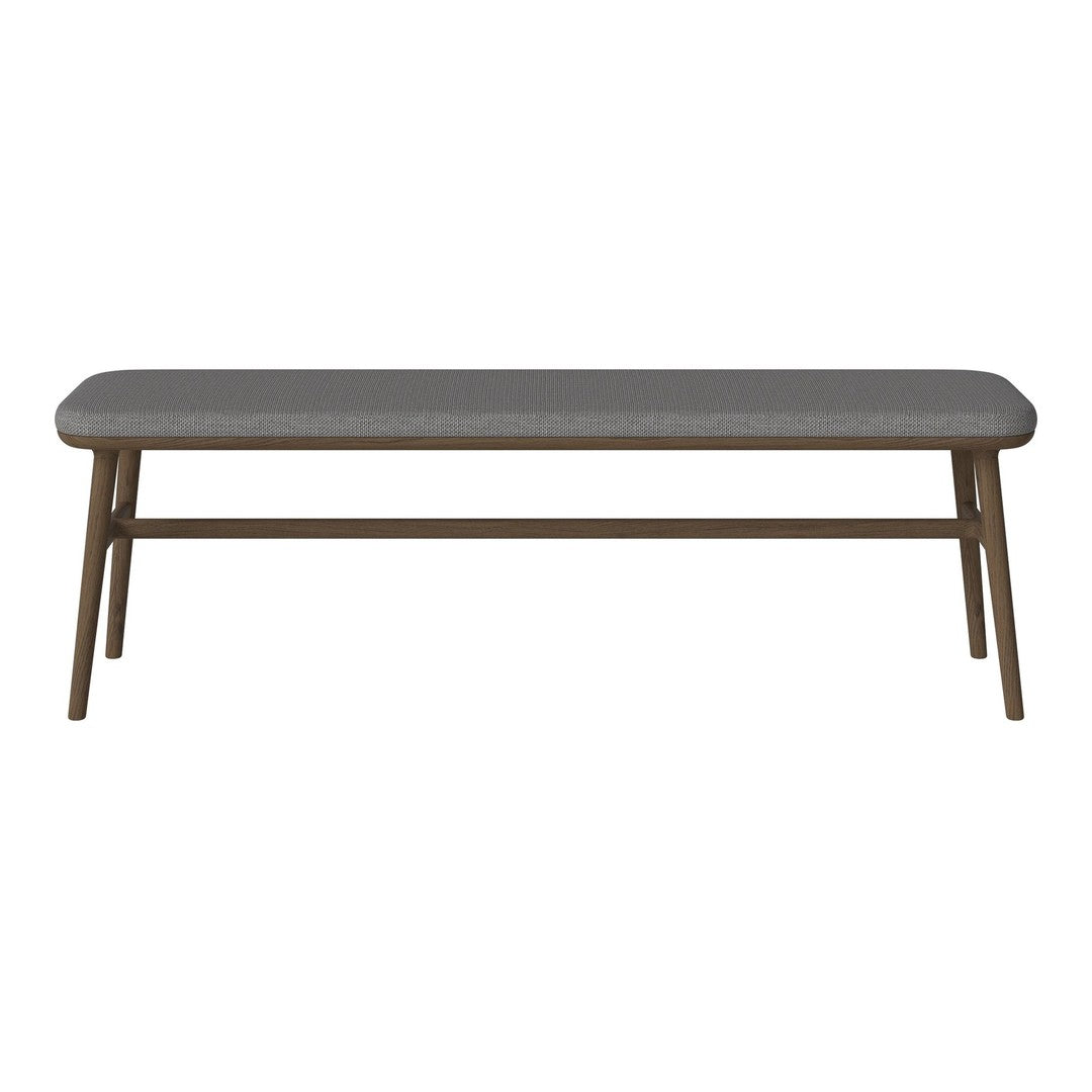 Gray upholstered bench with a minimalist design and natural wood legs, ideal for modern home decor.
