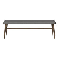 Gray upholstered bench with a minimalist design and natural wood legs, ideal for modern home decor.