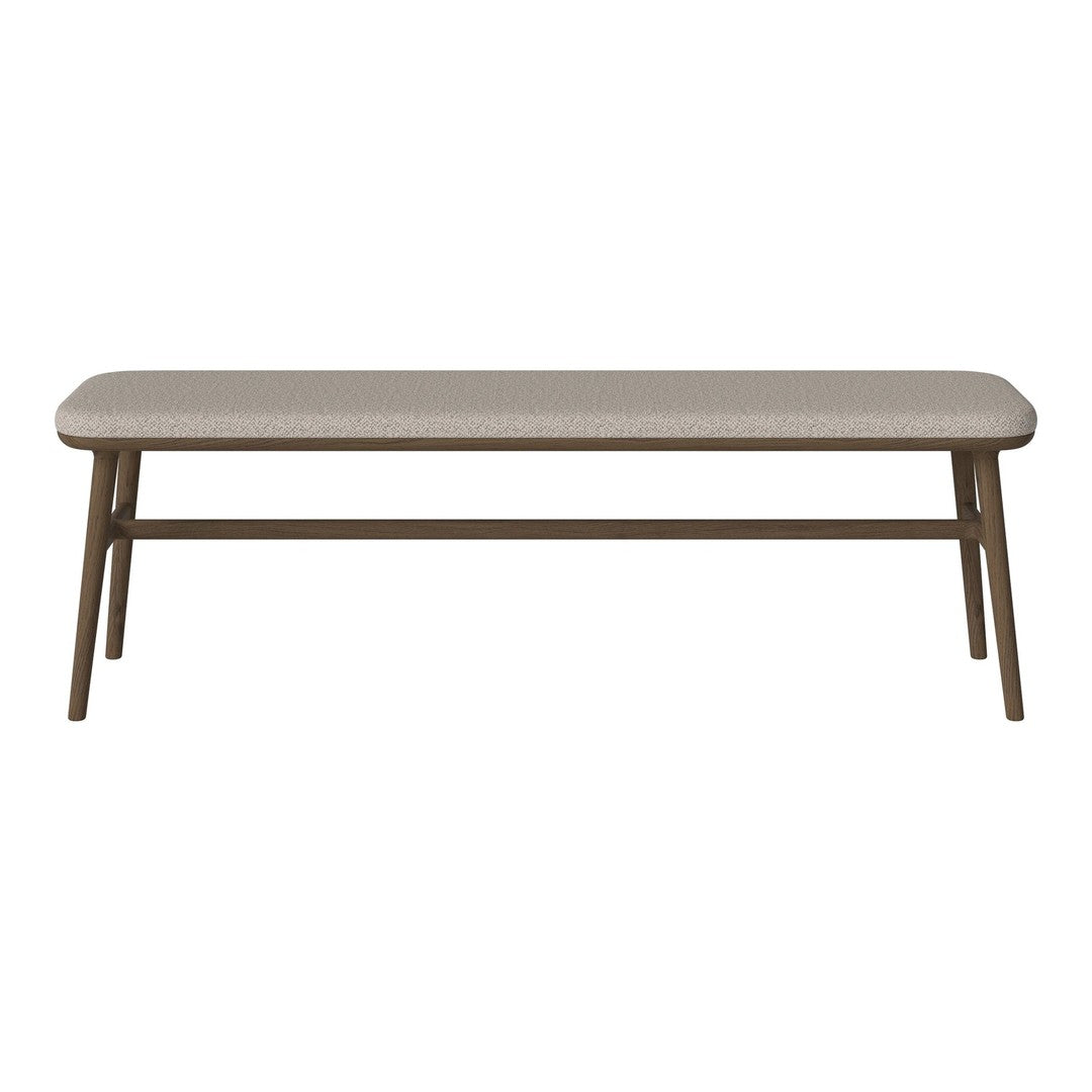 Light beige bench with a smooth surface and simple brown wooden frame, perfect for minimalist decor.