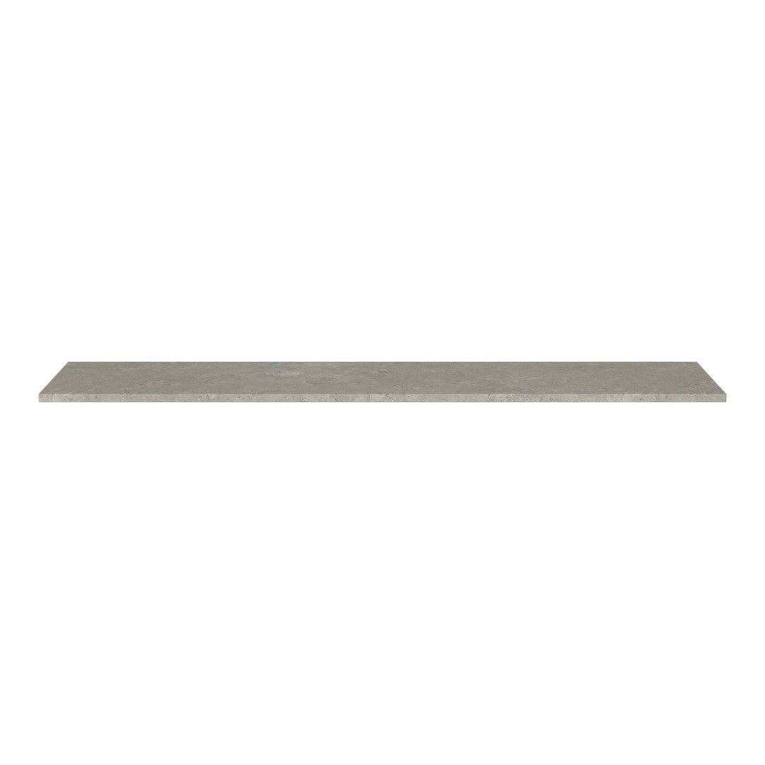 Long, sleek shelf in a soft gray finish with subtle wood grain pattern, perfect for modern decor.