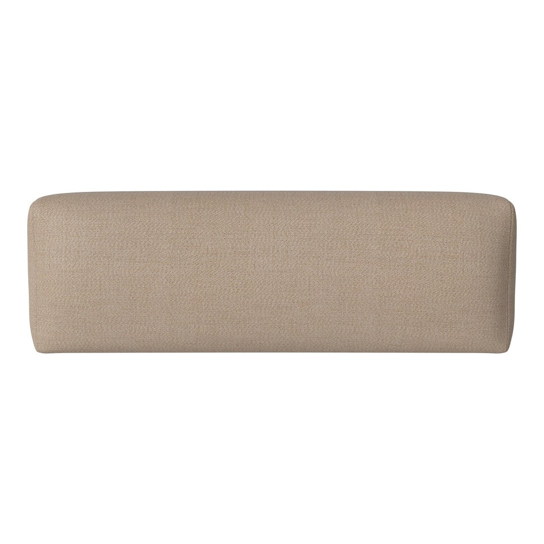 Neutral beige upholstered bench with a textured pattern, perfect for contemporary decor and versatile styling.