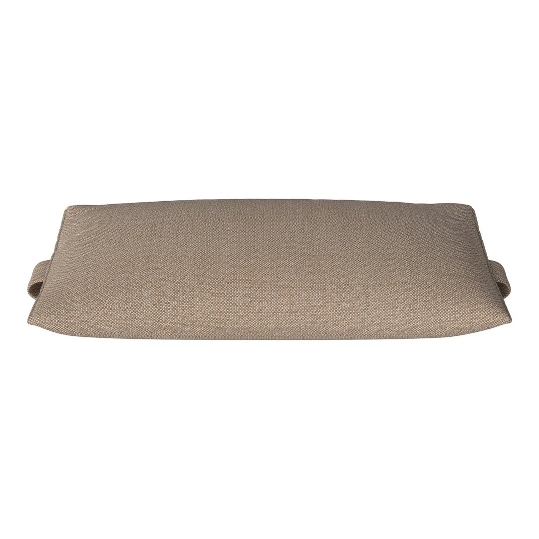 Beige patterned rectangular pillow with textured fabric and side handles for easy carrying.