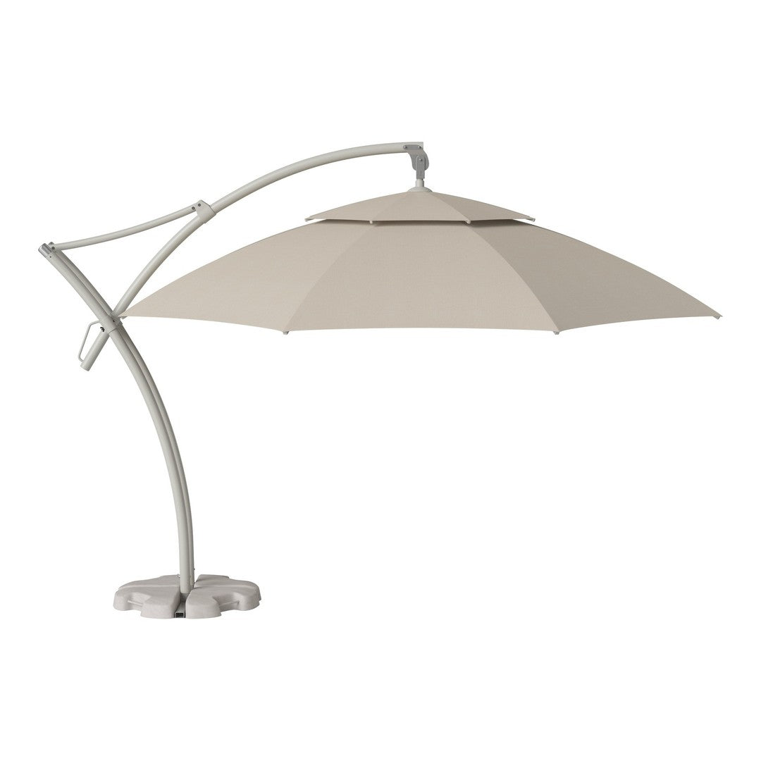 Umbrella with a sleek, curved silver frame and a light beige canopy, perfect for outdoor shading solutions.