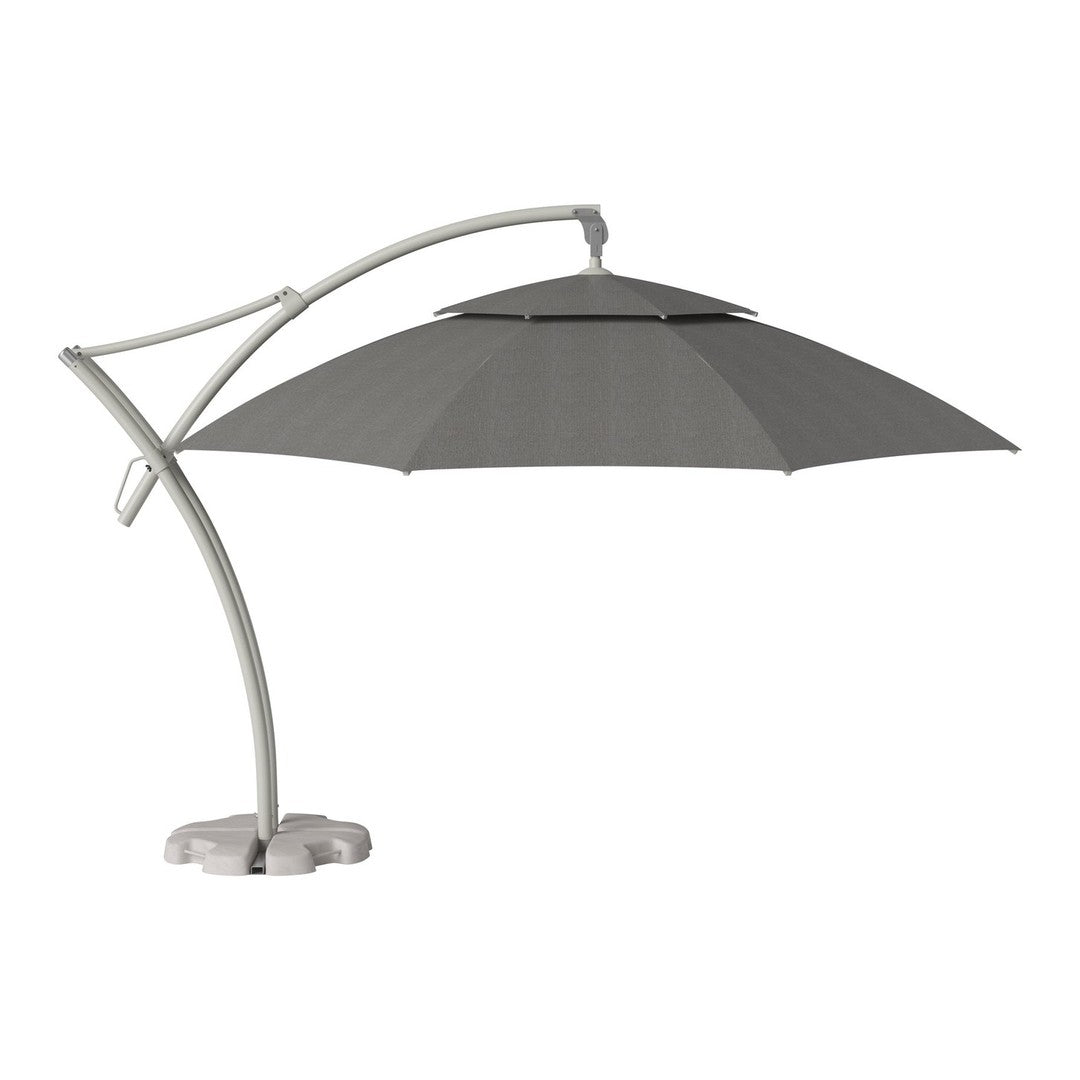 Gray outdoor umbrella with a sleek, curved design and matching base. Stylish and modern patio accessory.