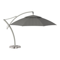 Gray outdoor umbrella with a sleek, curved design and matching base. Stylish and modern patio accessory.