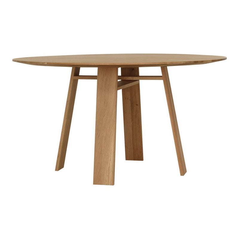 Natural wood round dining table with a smooth finish and minimalist design. Simple, warm tones enhance any decor.