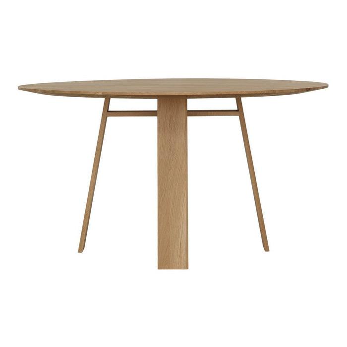 Round wooden dining table in a light natural wood finish with a minimalistic design and clean lines.