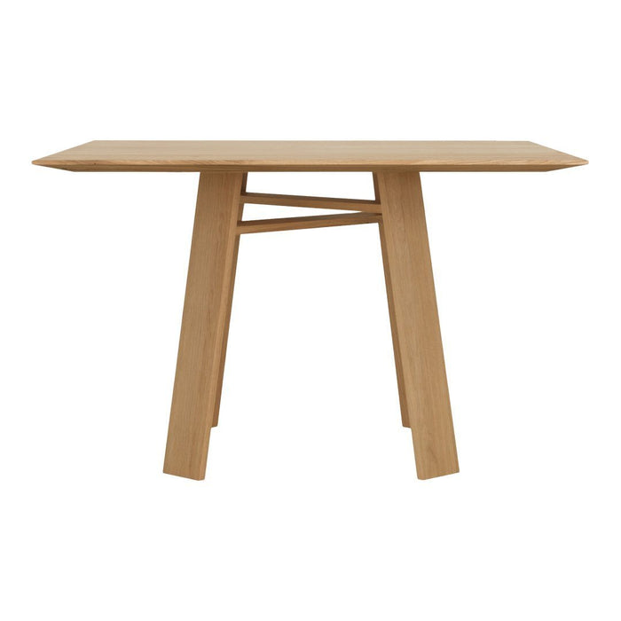 Light oak console table with a minimalist design and sleek lines, showcasing natural wood grain patterns.