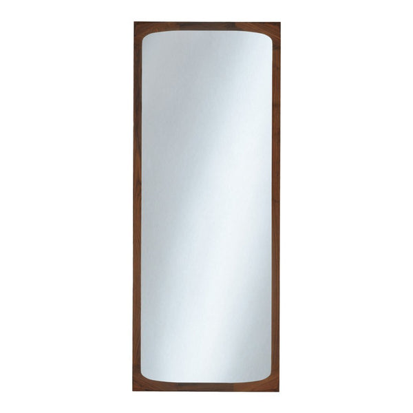 Wood-framed vertical mirror with a sleek, smooth surface, featuring a rich brown border and a clear reflective finish.