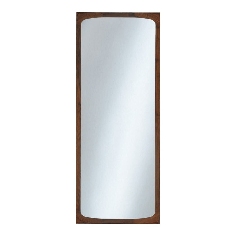 Wood-framed vertical mirror with a sleek, smooth surface, featuring a rich brown border and a clear reflective finish.