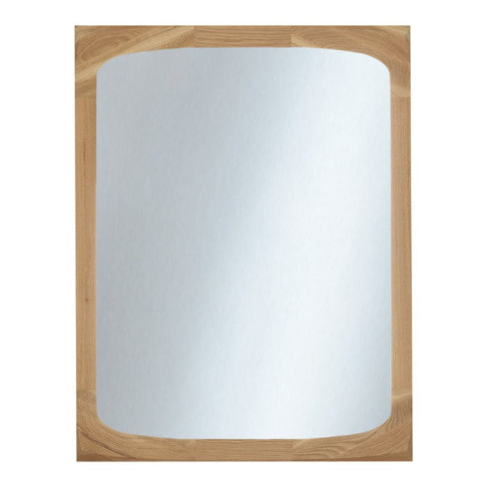 Wooden framed mirror with smooth, reflective surface and natural wooden tones. Simple, elegant design for any decor.