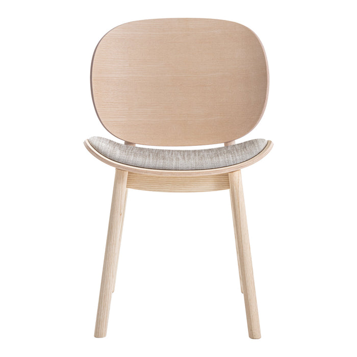 Light wood chair with a smooth, pale finish and a subtle gray fabric seat, showcasing minimalist design.
