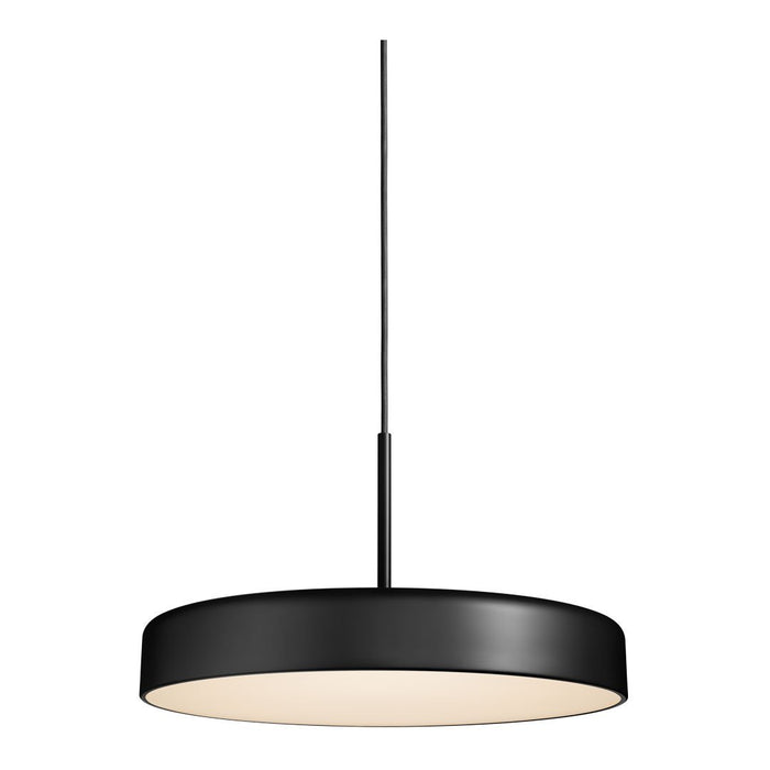 Sleek black circular pendant light with a smooth finish and warm white inner shade, perfect for modern decor.