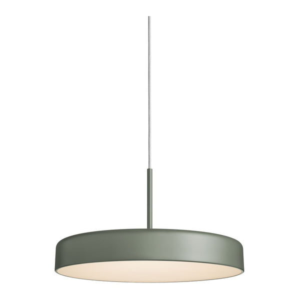 Sleek round pendant light in muted green with a smooth matte finish and warm white inner shade. Perfect for modern decor.