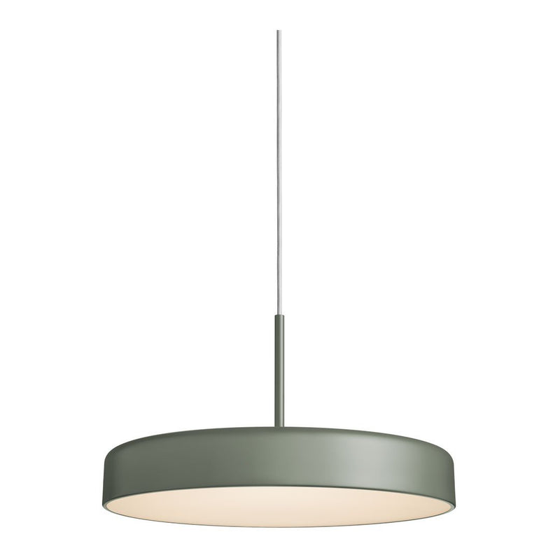Sleek round pendant light in muted green with a smooth matte finish and warm white inner shade. Perfect for modern decor.